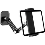 Lucrave tablet wall mount holder front view displaying heavy-duty black aluminium extendable arm holding an iPad pro