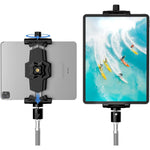 KDD iPad and phone tripod mount adapter front view showing the expandable spring-loaded clamp mechanism.