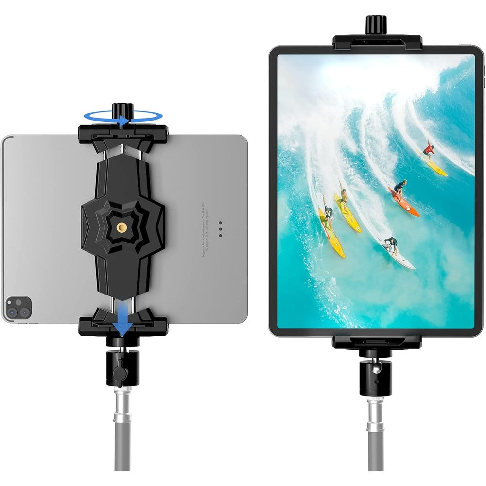 KDD iPad and phone tripod mount adapter front view showing the expandable spring-loaded clamp mechanism.