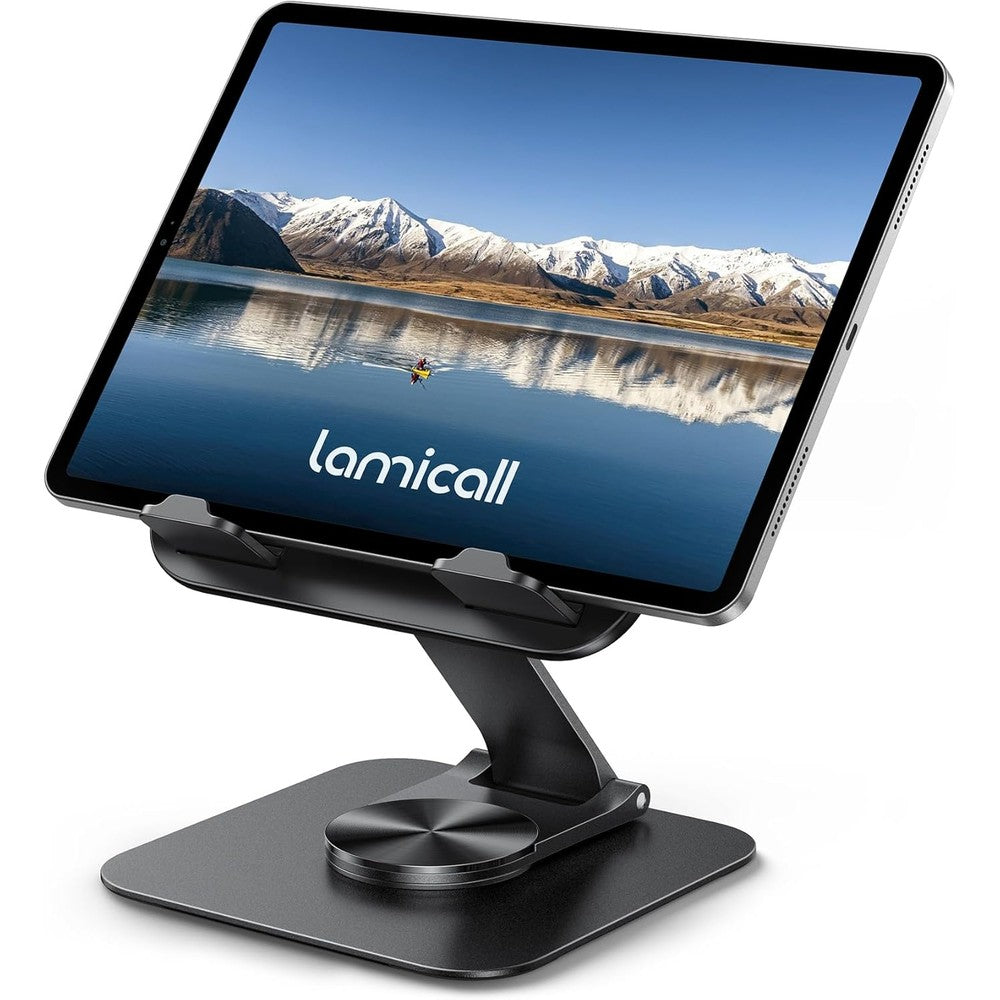 Lamicall adjustable ipad stand front view on office desk holding a large tablet