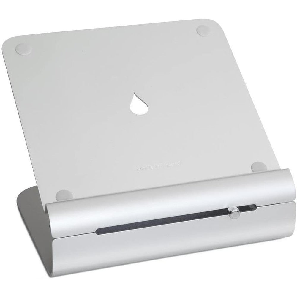 Rain Design iLevel2 adjustable height laptop stand silver front view displaying slider mechanism