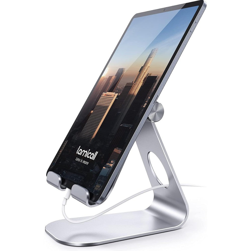 Lamicall adjustable tablet stand front view showing silver aluminum finish and rubber hooks