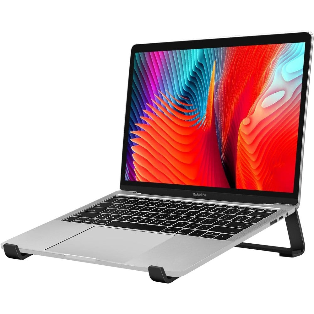 Thibault aluminum laptop stand premium black front view on modern desk setup.