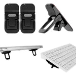 Bewudy Portable Keyboard Stand front view showing the sleek black folding feet attached to a desktop keyboard.