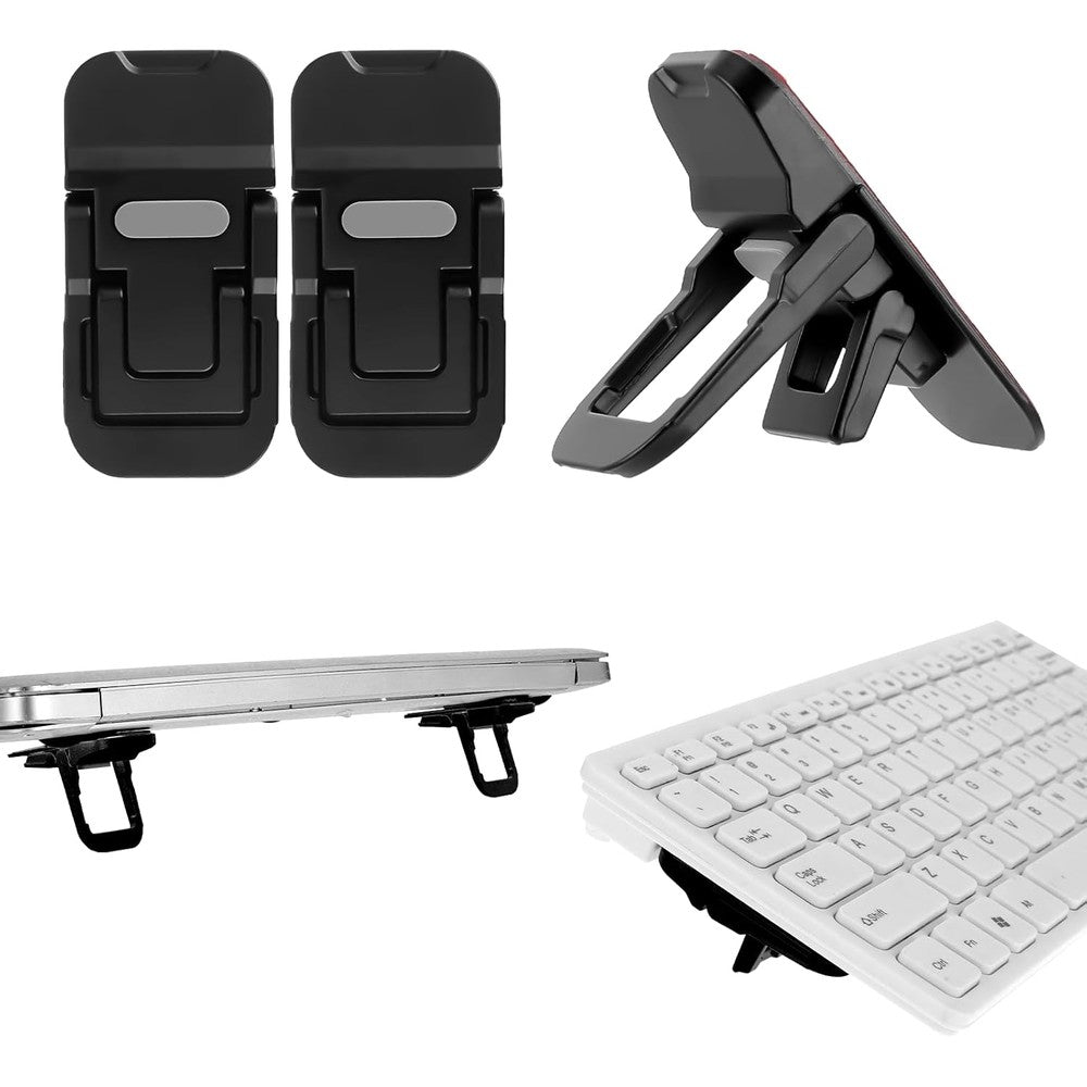 Bewudy Portable Keyboard Stand front view showing the sleek black folding feet attached to a desktop keyboard.