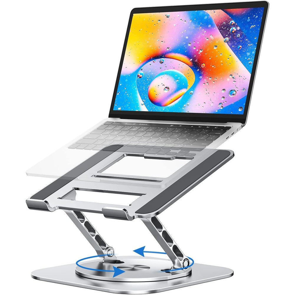 MCHOSE adjustable laptop stand front view showing silver aluminum finish and premium ergonomic riser design.