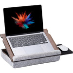 Vigo Wood cushioned laptop lap desk front view showcasing walnut finish wood surface and wrist support.