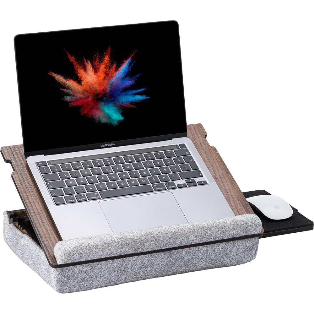 Vigo Wood cushioned laptop lap desk front view showcasing walnut finish wood surface and wrist support.