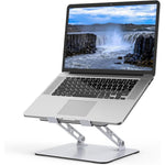 Gogoonike adjustable laptop stand front view showing metal frame and silicone pads for ergonomic desk setup.