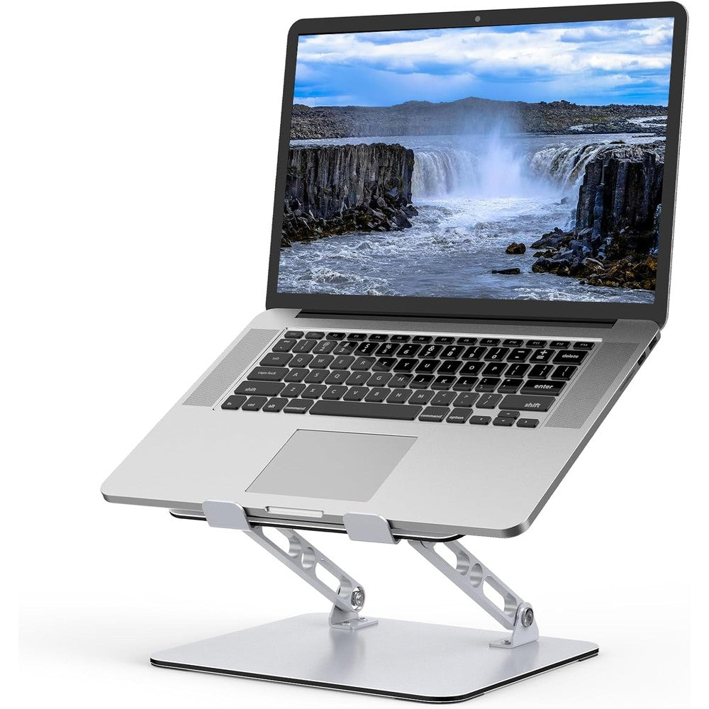 Gogoonike adjustable laptop stand front view showing metal frame and silicone pads for ergonomic desk setup.