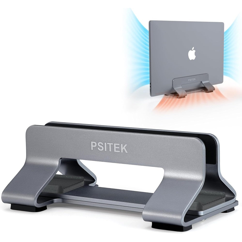 Psitek aluminum vertical laptop stand front view holding a space gray MacBook upright on a minimalist desk setup