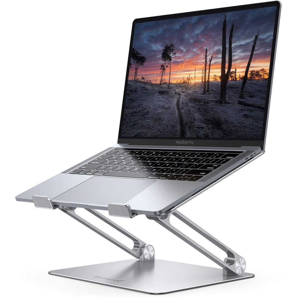 Lamicall adjustable laptop stand front view showing silver aluminum frame on office desk