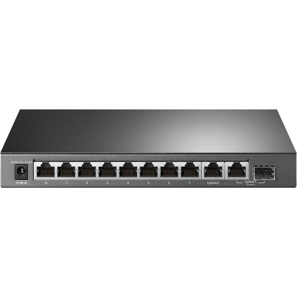 TP-Link TL-SG1210MP unmanaged gigabit desktop switch front view displaying eight power over ethernet ports.