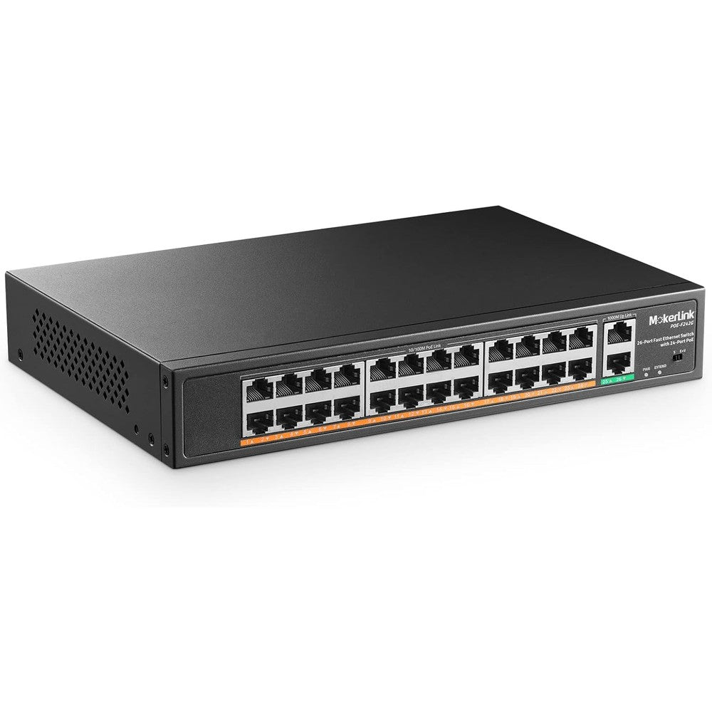 MokerLink 24 Port PoE Switch front view showing ethernet ports and indicator lights