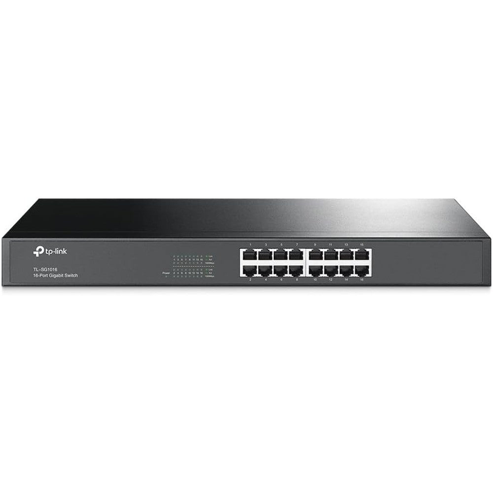 TP-Link TL-SG1016 unmanaged 16 port gigabit ethernet switch front view showing shielded ports
