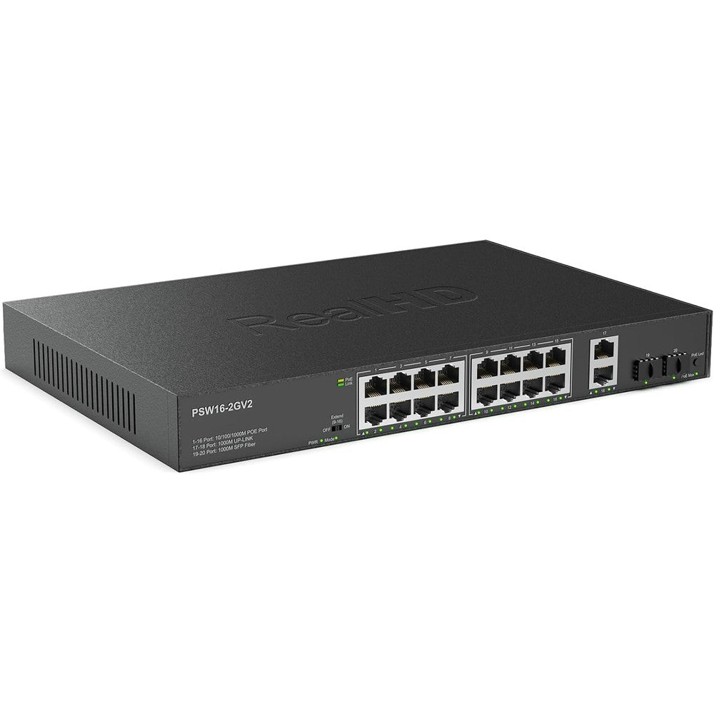 Real HD 16 port gigabit PoE switch front view showcasing Ethernet ports and SFP uplink slots