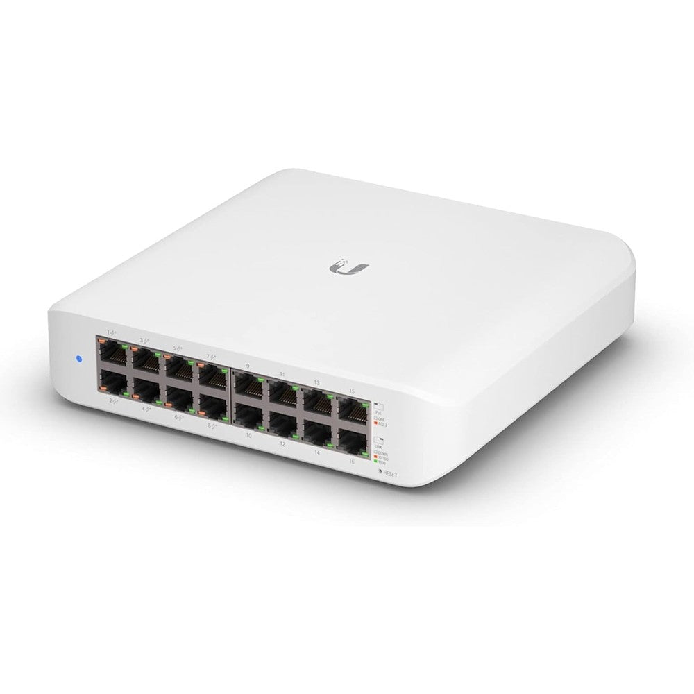 Ubiquiti UniFi Switch Lite 16 PoE front view showing sixteen gigabit ports