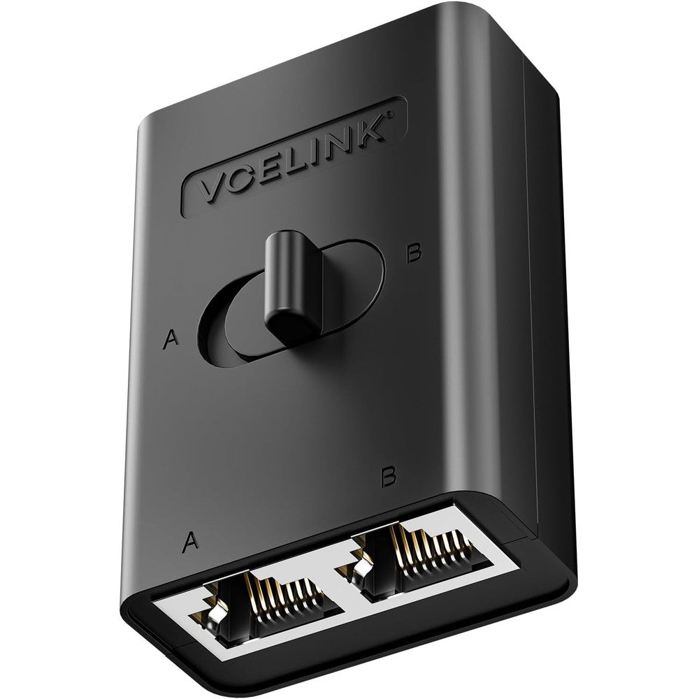 VCELINK 2 Port RJ45 Network Switch front view showing dual ports and compact black casing.