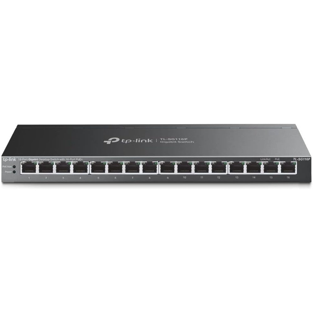 TP-Link TL-SG116P gigabit PoE switch front view showing sixteen Ethernet ports.