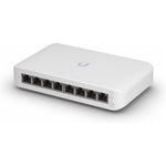 Ubiquiti Networks UniFi Switch Lite 8 PoE front view showing eight Gigabit Ethernet ports and white minimalist design.