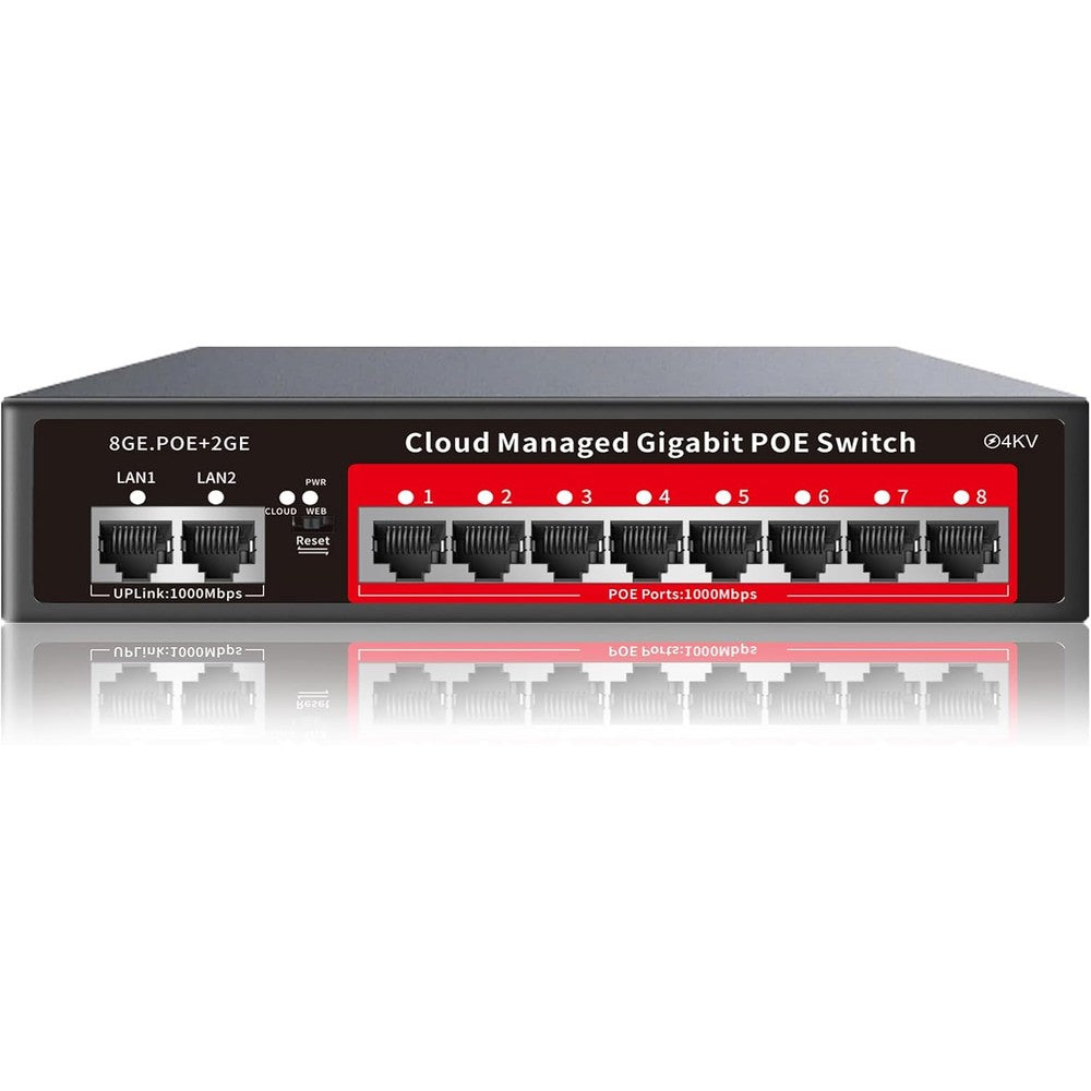 STEAMEMO eight port gigabit PoE switch front view showcasing network ports.