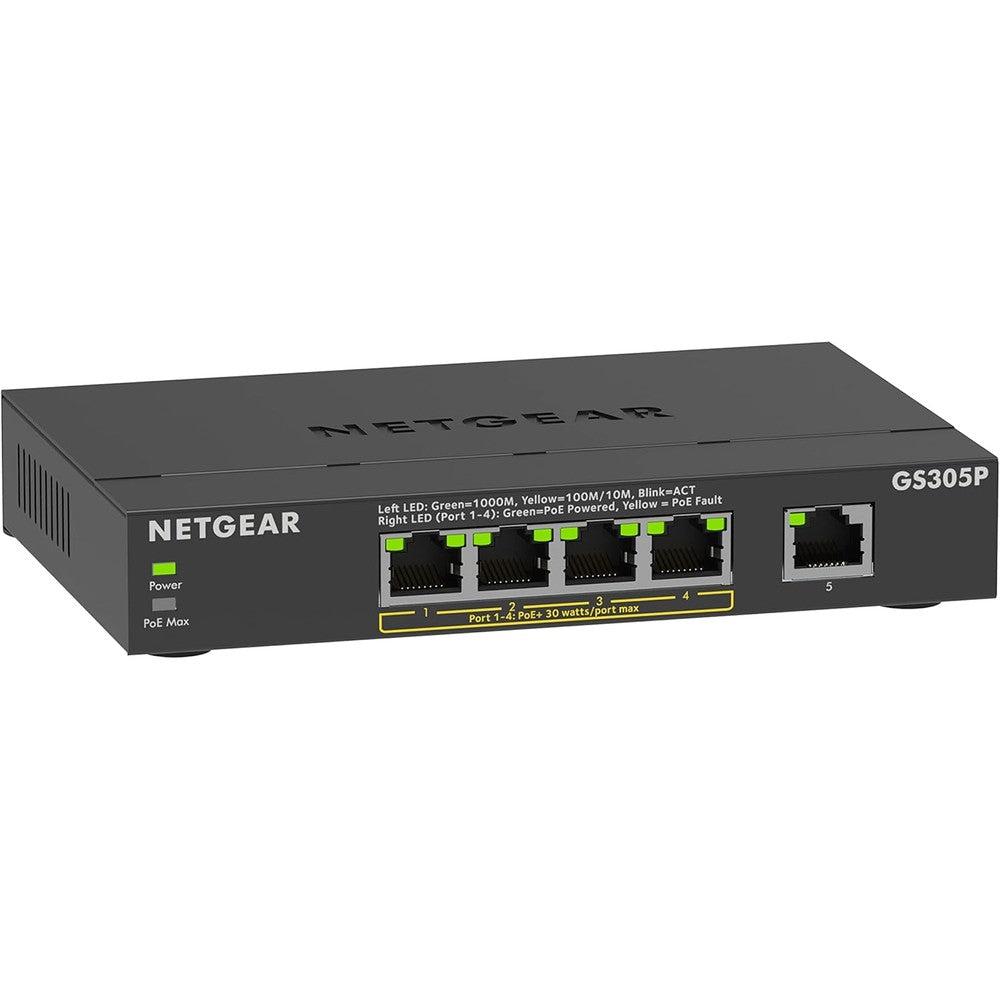 NETGEAR 5 Port PoE Gigabit Ethernet Unmanaged Switch GS305P front view showing ports