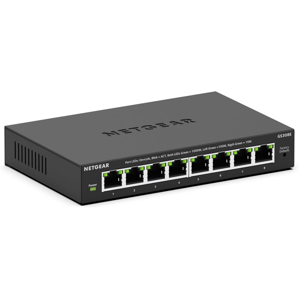 Netgear 8-Port Gigabit Ethernet Easy Smart Managed Switch front view displaying the network port interfaces.