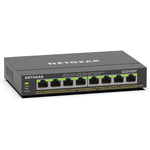 Netgear 8 Port PoE Gigabit Ethernet Switch GS308EP front view displaying the eight connection ports and indicator lights.