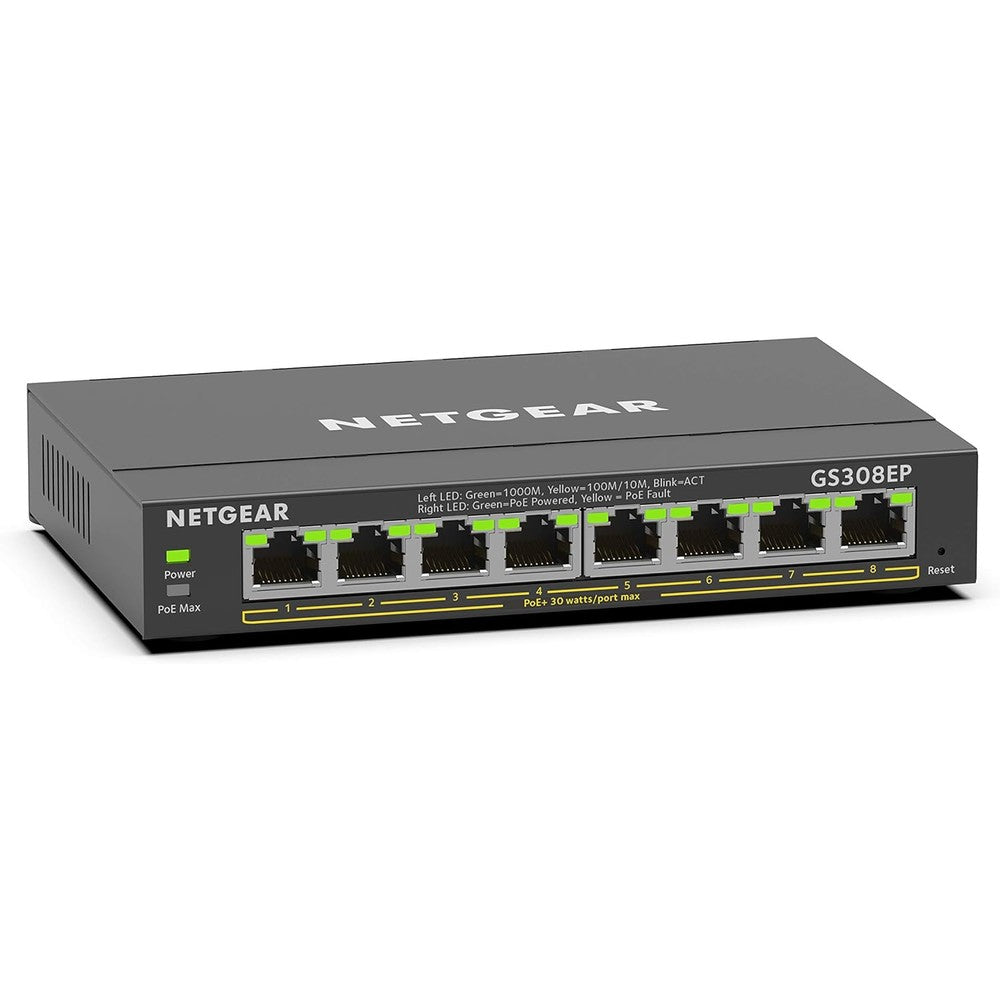Netgear 8 Port PoE Gigabit Ethernet Switch GS308EP front view displaying the eight connection ports and indicator lights.