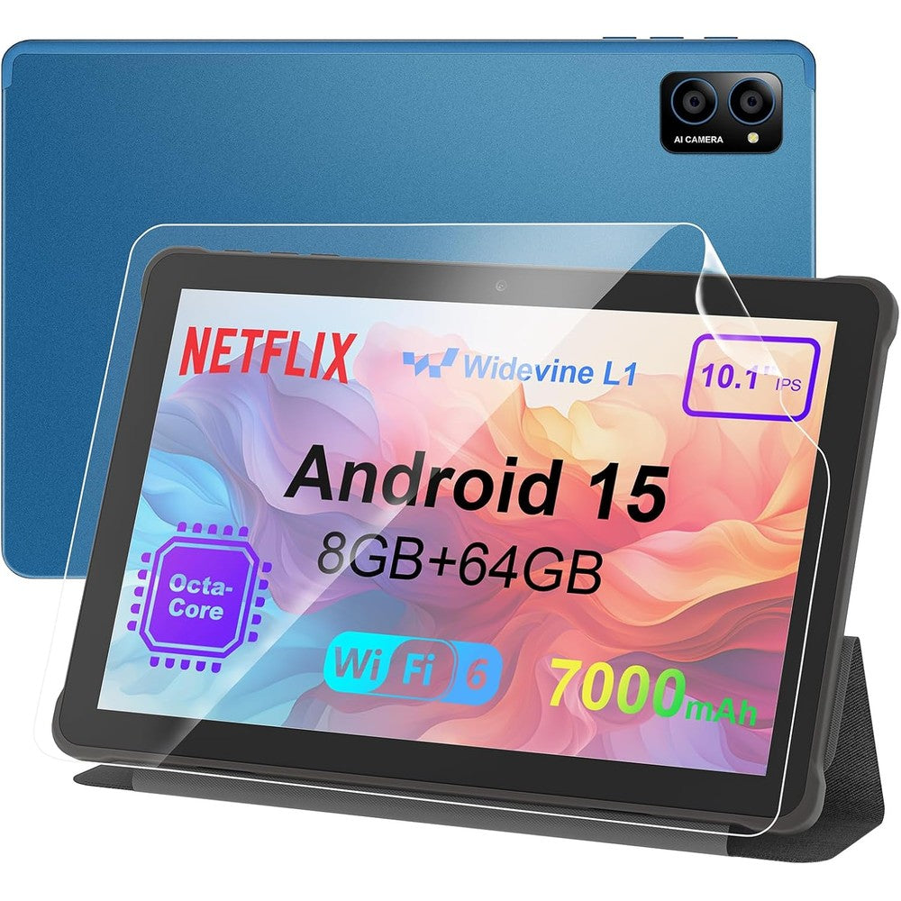 TabneraX 10.1 inch Android 15 tablet front view with vibrant screen