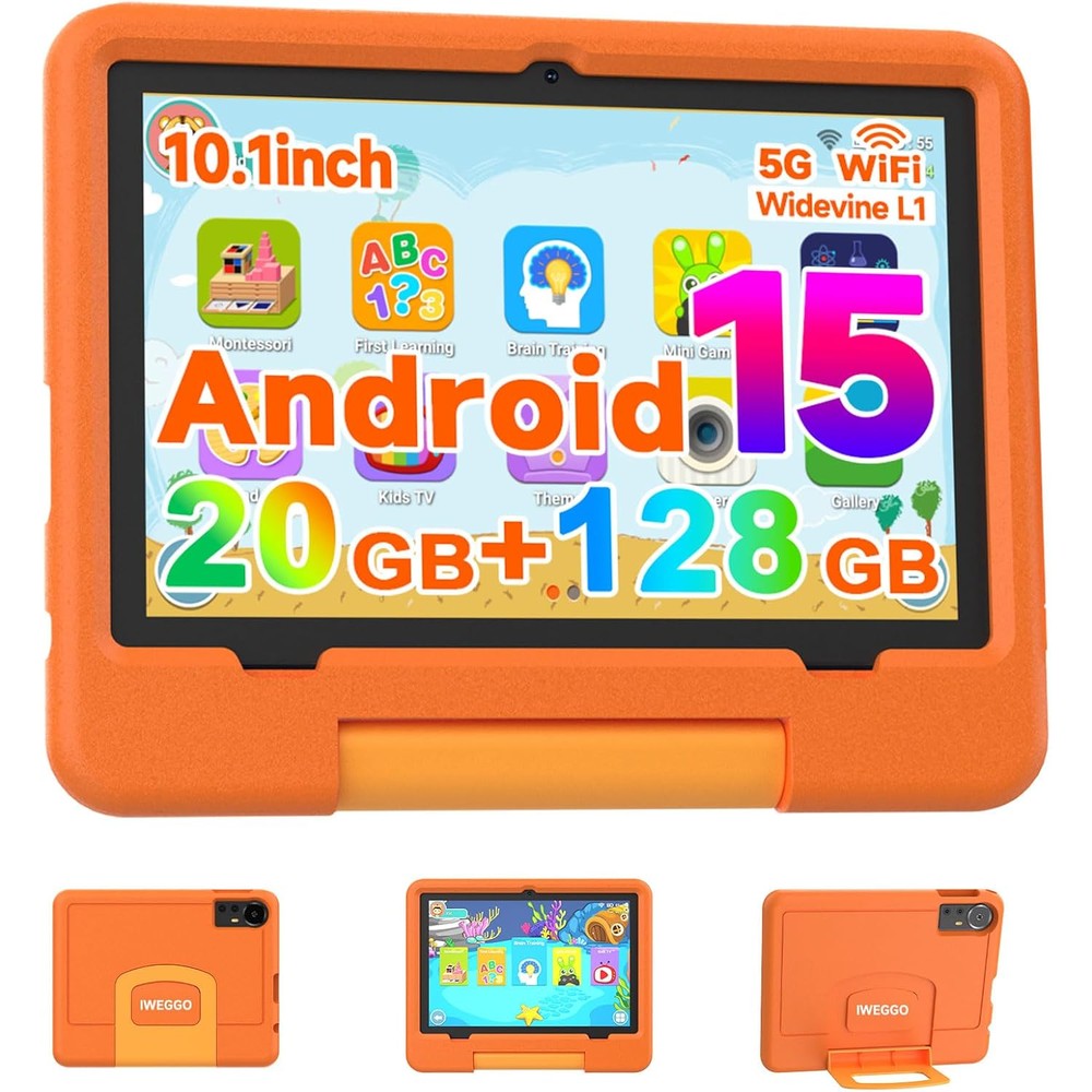 Iweggo Android 15 Kids Tablet front view with orange EVA case