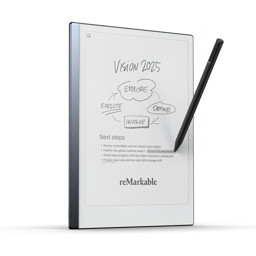 Remarkable 2 starter bundle front view with paper tablet and Marker Plus stylus.
