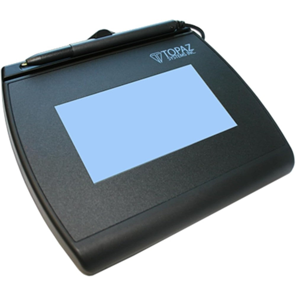 Topaz Systems SignatureGem LCD 4x3 electronic signature capture pad front view showing the backlit display and tethered stylus pen.