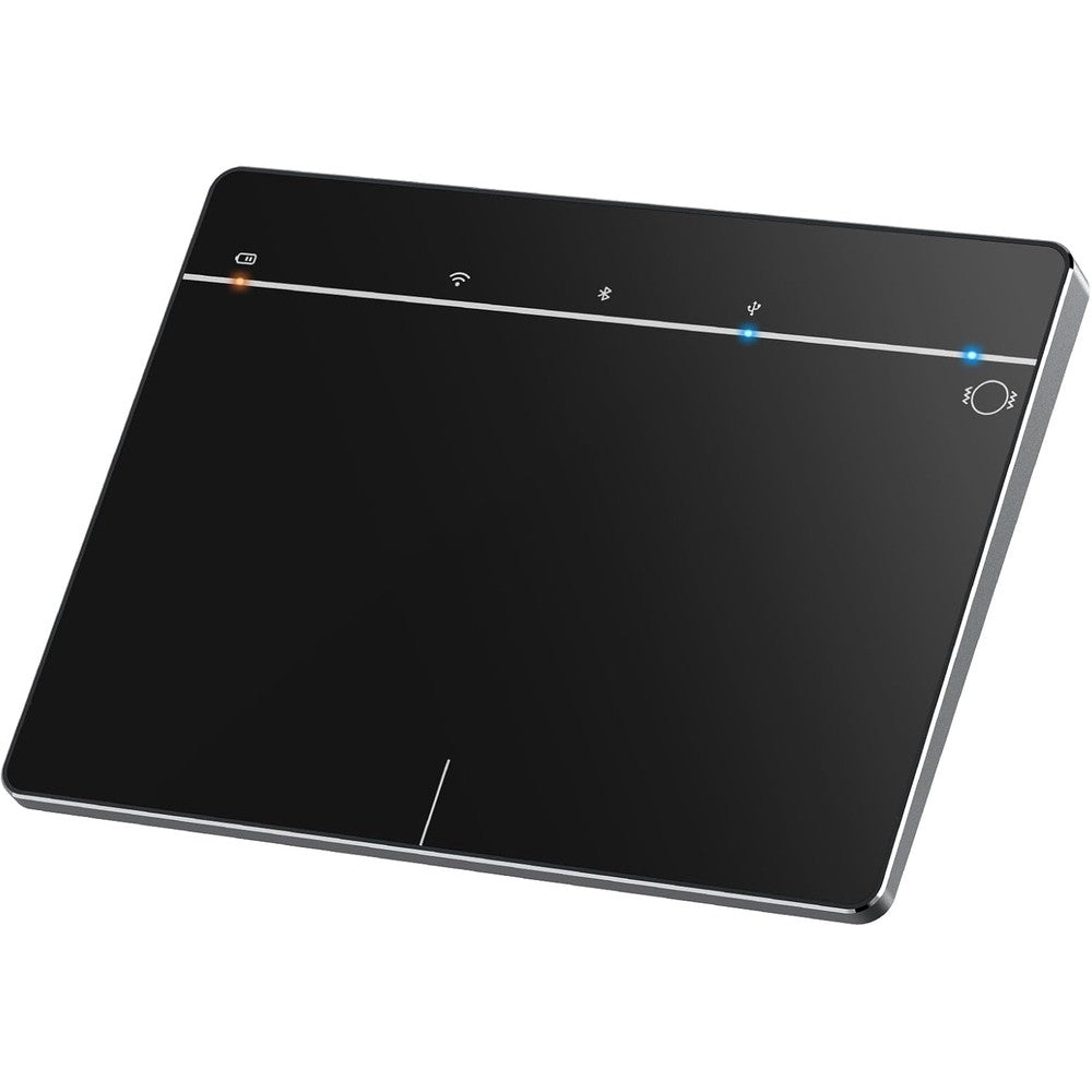 Homiguar wireless bluetooth trackpad front view showing black glass surface and physical buttons.