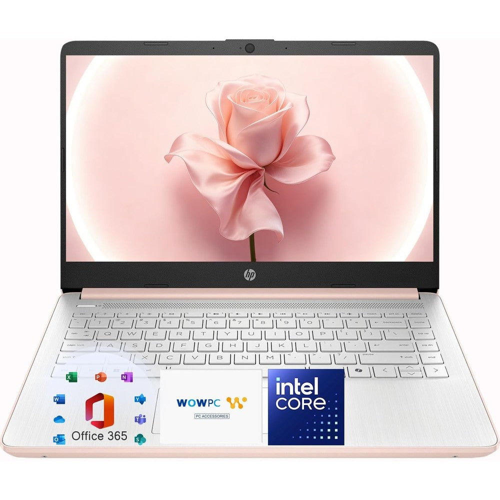 HP 14 inch Rose Gold laptop front view with screen on