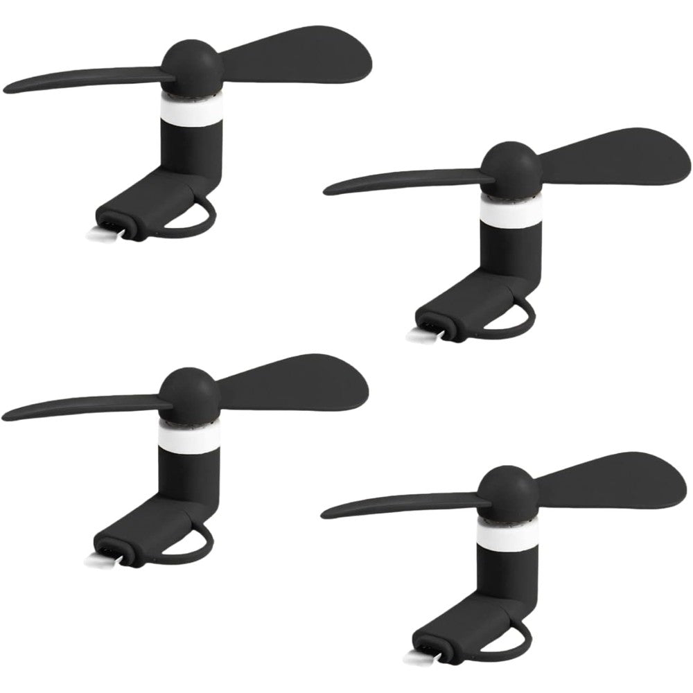 YUNLOVXEE mini cell phone fan front view showing black portable smartphone attachment connected to an iPhone port.