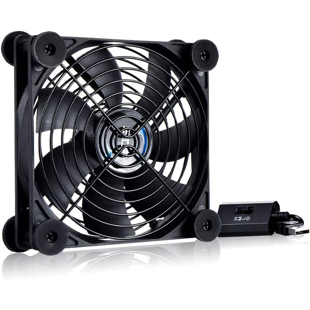 SCCCF Quiet 120 Millimeter USB Portable Cooling Fan front view showcasing the protective iron grill and seven blade design.