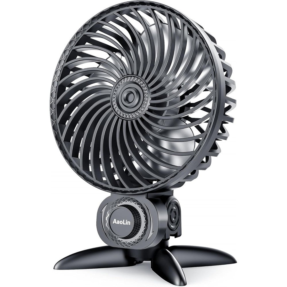 AaoLin USB small desk fan front view showing the modern black spiral grill design.