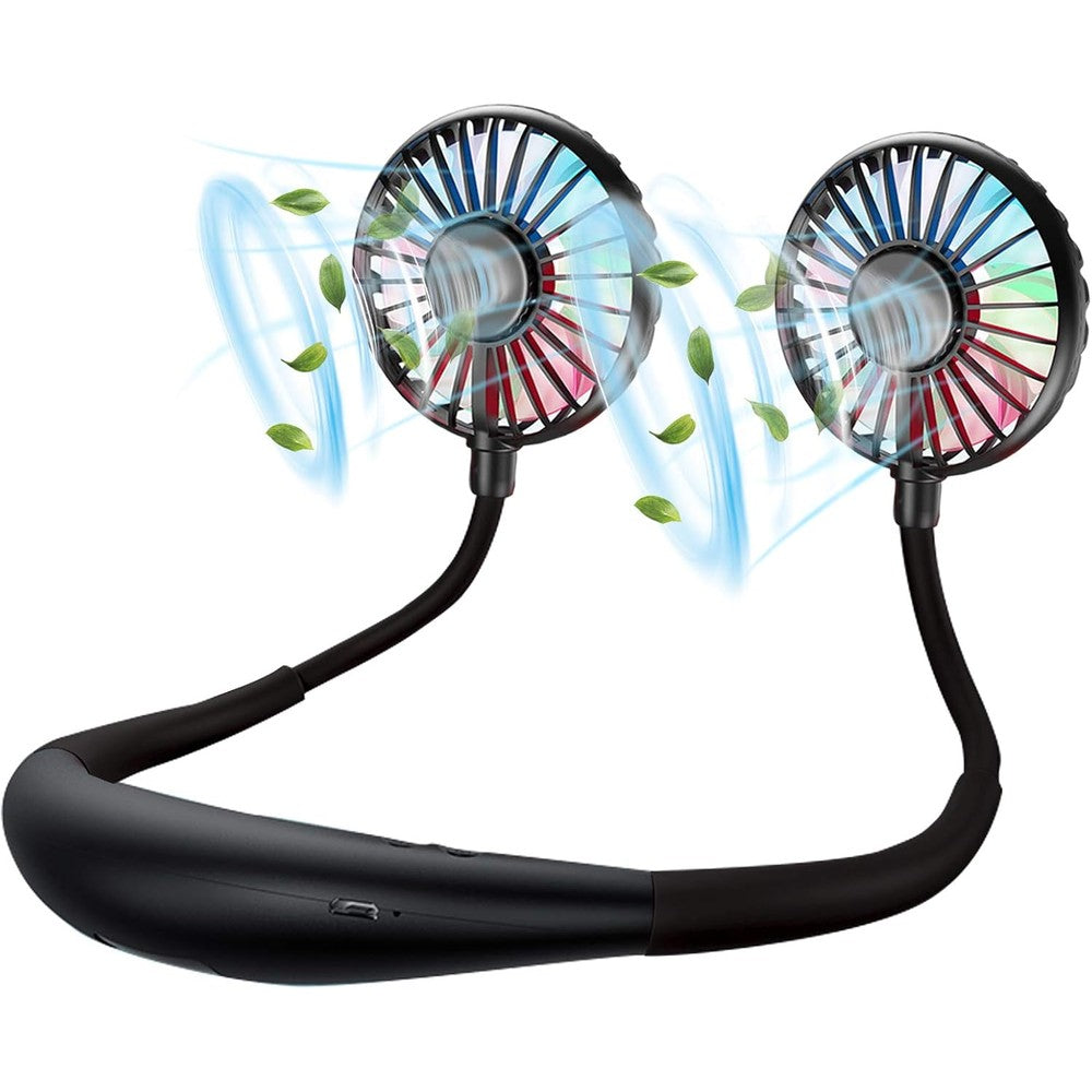 Yaltoon portable neck fan front view showing dual fan heads and flexible black silicone neckband.