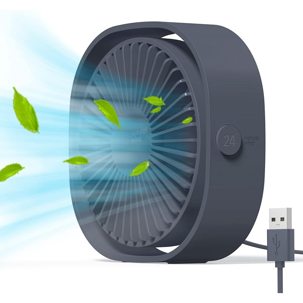 Simpeak small USB desk fan front view in grey color showing the compact five blade personal cooling design.