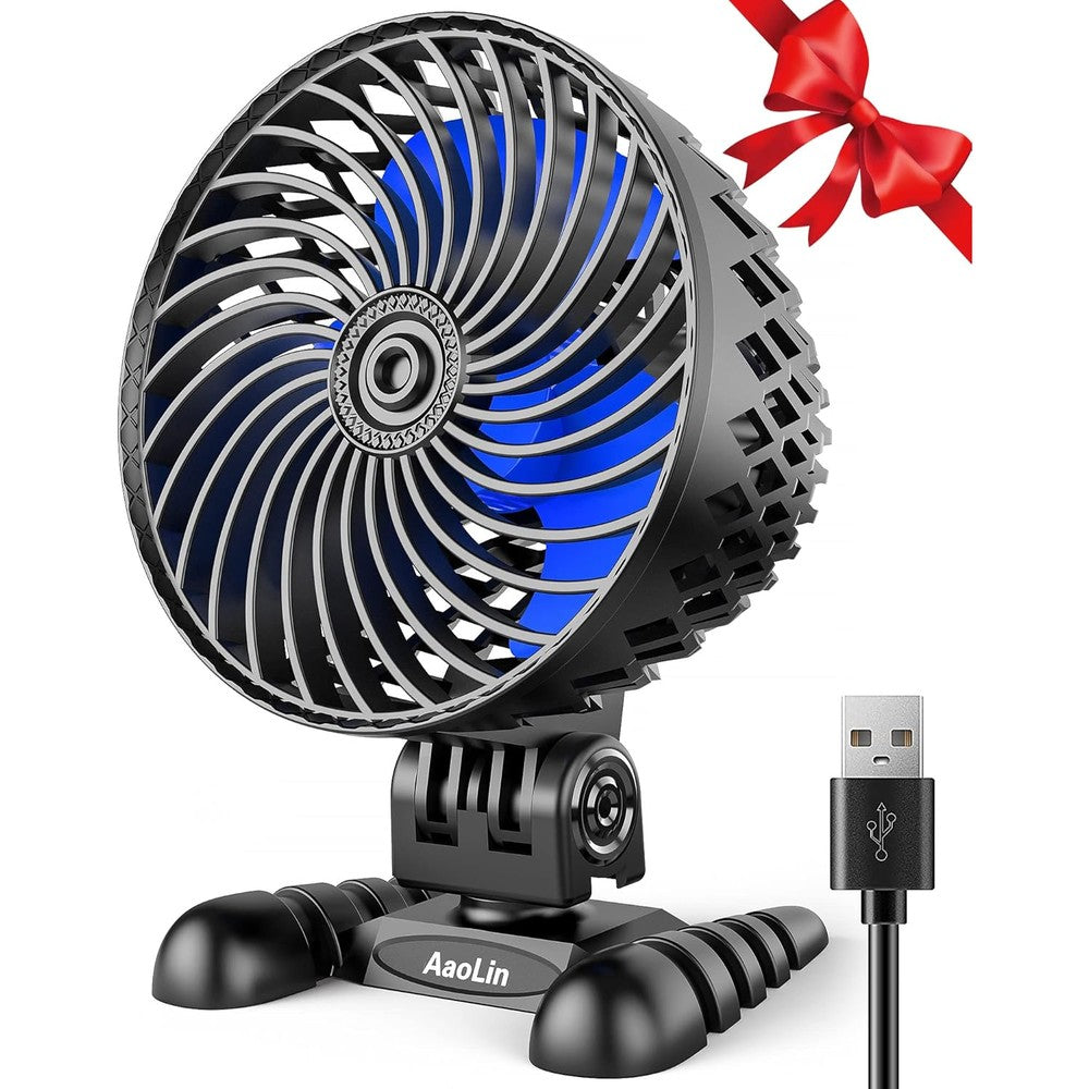 AaoLin USB desktop small fan front view showing sleek black body and bright blue turbine blades.