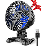 AaoLin USB desktop small fan front view showing sleek black body and bright blue turbine blades.