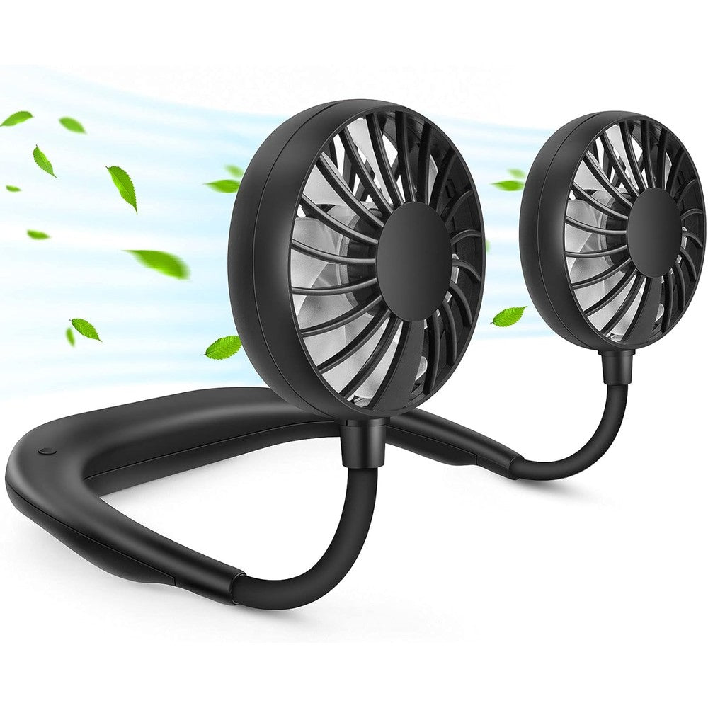 RJVW portable neck fan front view showing dual black fan heads and flexible neckband
