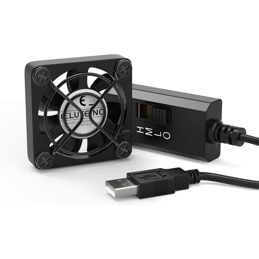 ELUTENG 40mm USB Fan front view showcasing black metal safety grill and compact frame.