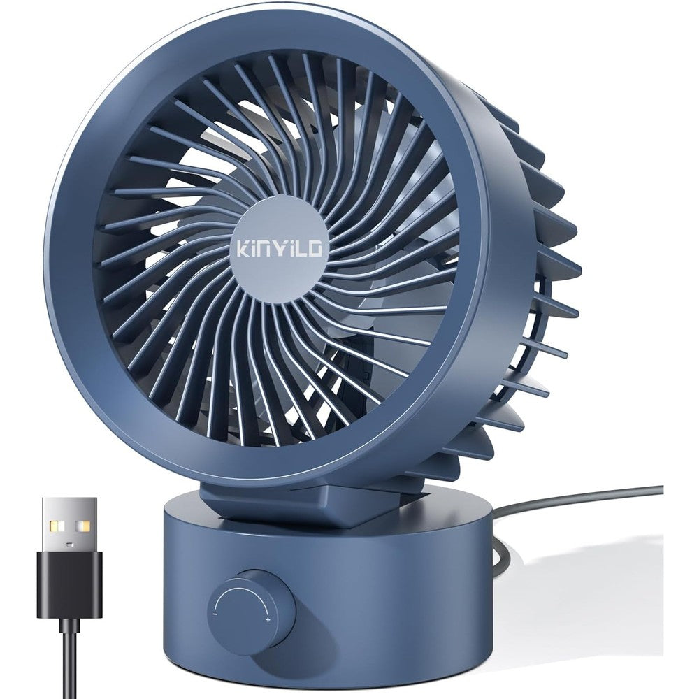 KinYiLO USB desk fan front view showing blue finish and stepless control knob for personal cooling.