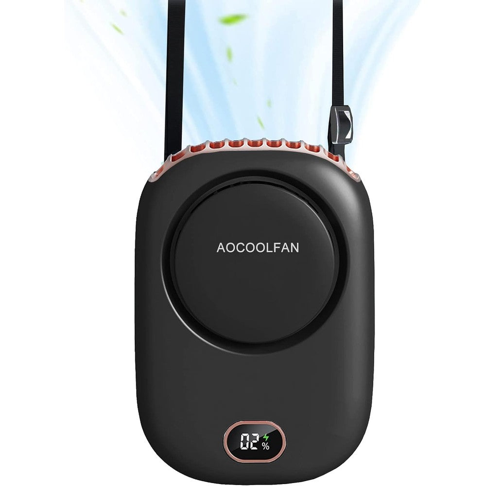 AOCOOLFAN portable neck fan in black showing front view with digital battery display screen