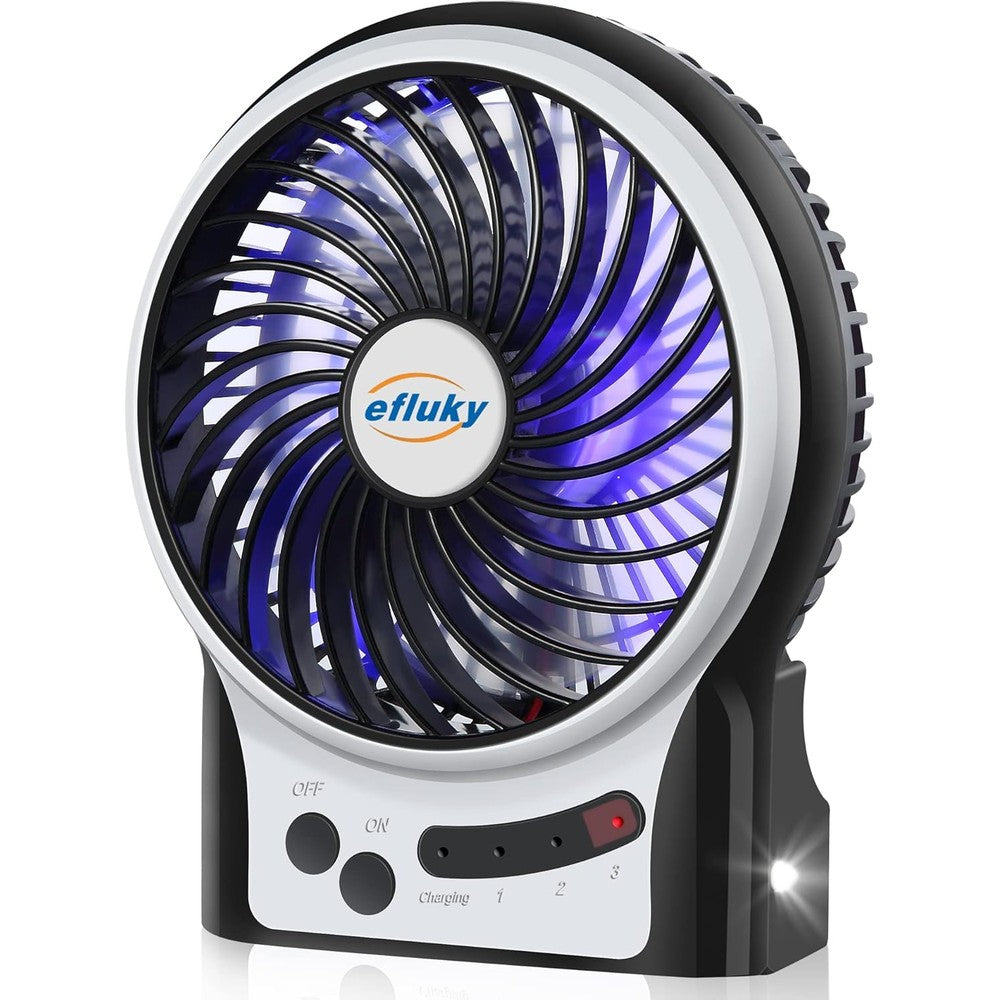 Efluky mini desk fan front view showing the sleek black grill and compact portable design.