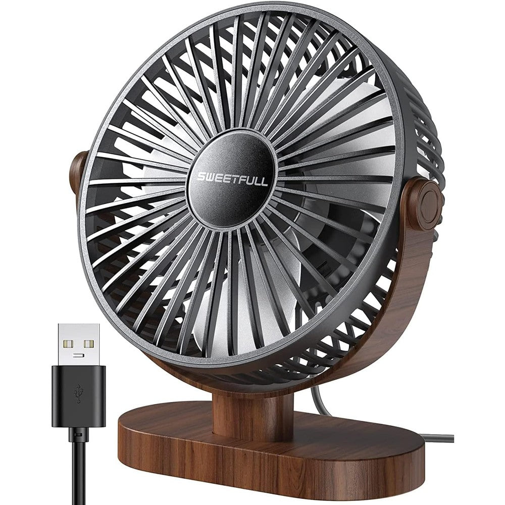 SWEETFULL 6.5 inch USB small desk fan front view showing black wood grain finish