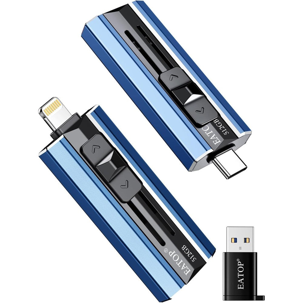 EATOP 512GB Flash Drive in blue showing the front view sliding design external memory stick