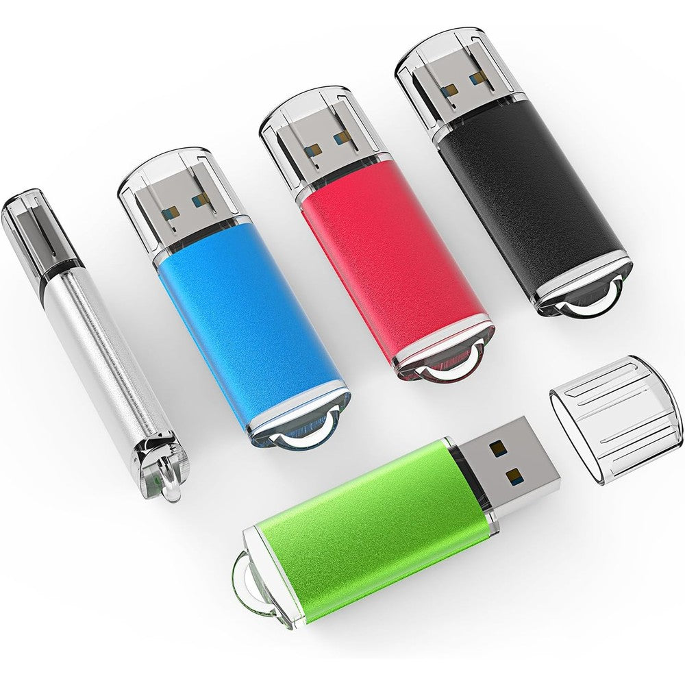 TOPESEL 5 Pack 32GB USB 2.0 Flash Drives front view showing all five colors lined up neatly.
